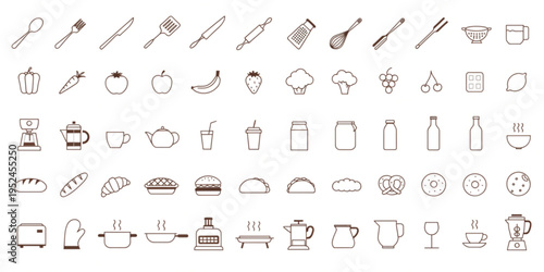 A collection of kitchen utensils and food icons are shown in a illustrations.