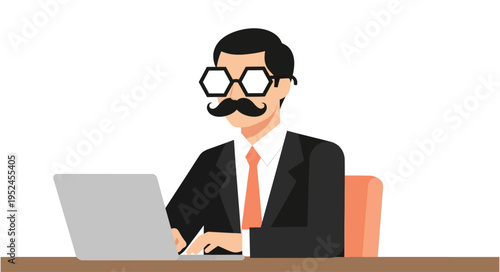 Businessman in disguise wearing fake mustache and funny glasses typing on laptop representing imposter syndrome or hacker