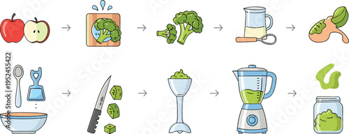 Healthy Smoothie Preparation Process Vector Illustration Featuring Fruits, Vegetables, Blender Steps, and Fresh Juice Making Workflow for Nutrition and Diet Design