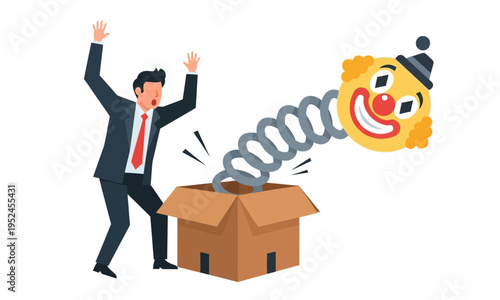 Startled businessman looking at jack in the box popping out representing unexpected surprise and business risk