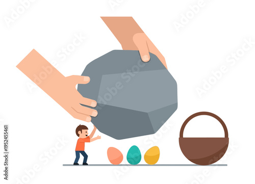 Giant hands holding heavy rock above tiny man pushing it near colorful Easter eggs and empty basket surreal holiday concept