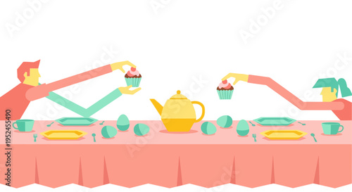 Man and woman stretching long arms to reach cupcakes on long pink dining table with teapot and easter eggs holiday feast