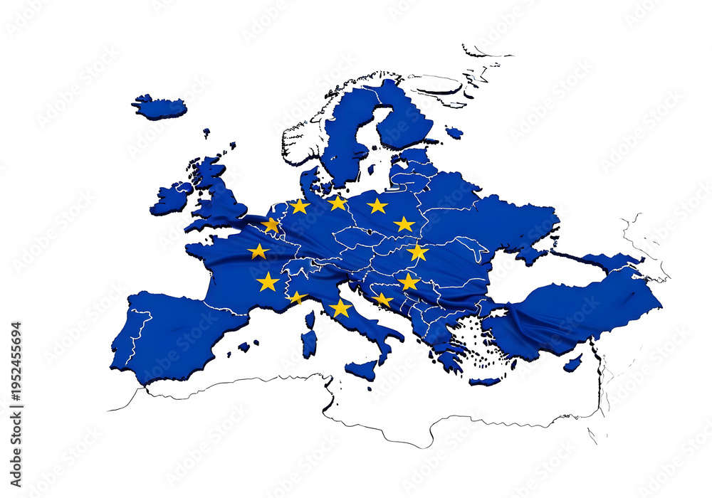 Fototapeta premium European Union map with blue countries and yellow stars on white background
