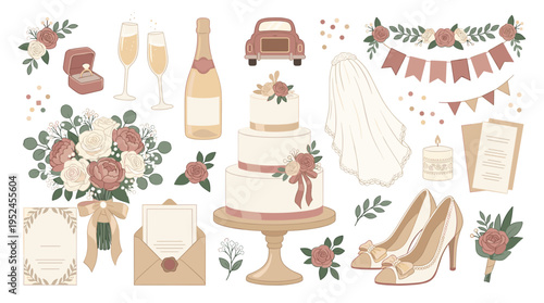 Wedding celebration elements collection with cake flowers and bridal accessories