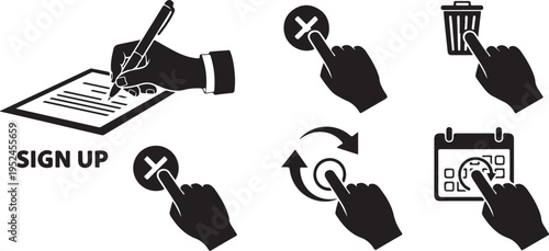 Black and white icons for signup and cancellation process