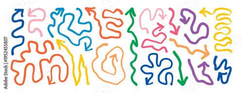 Multicolor curly arrows lined horizontally, playful hand drawn icons with zigzag and spiral motifs, suited for classroom signage, presentation emphasis, social media highlights and colorful branding