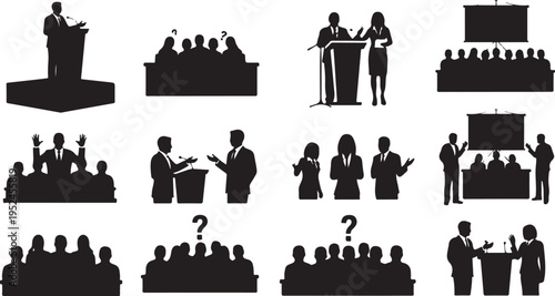 Silhouettes of people in various business meeting settings and presentations