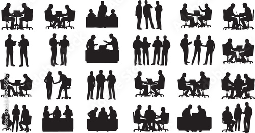 Business People Silhouettes in Various Office Settings and Meetings