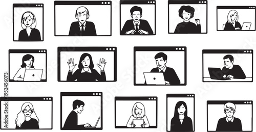 Remote workers in video conference on computer screens together