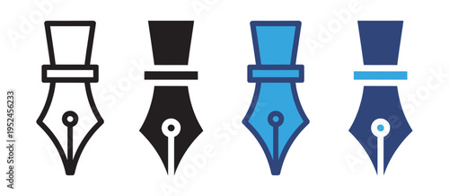 Fountain Pen Icon Set Vector Collection with Writing Instrument, Calligraphy Tool and Office Stationery Symbols in Outline and Solid Styles