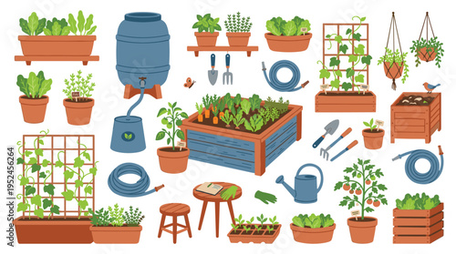 Set of Gardening Tools and Plants for Home Farming