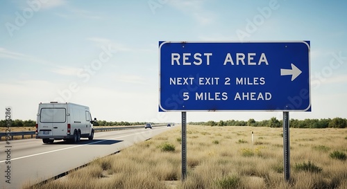 Rest Area Sign on Highway with Van Driving on Road in Daytime.