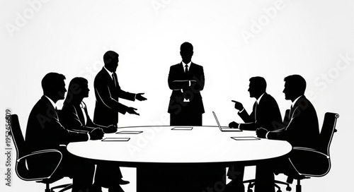 Silhouette of business people in a meeting around a table.