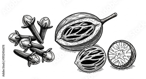 Detailed Black and White Drawing of Cloves and Nutmeg.