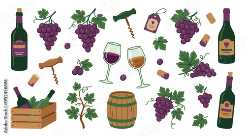 Wine Elements Collection with Grapes Bottles and Barrels