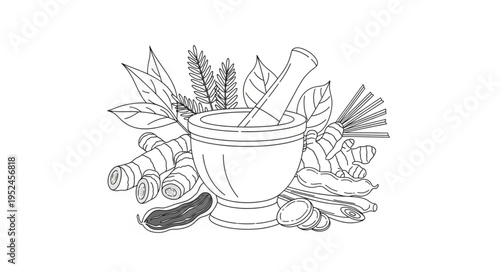 Mortar and Pestle with Herbs - A Natural Remedy Illustration.