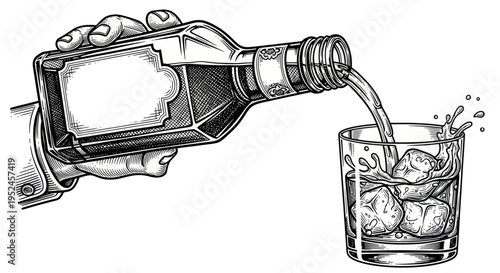 Hand pouring whiskey from bottle into ice-filled glass, black and white etching style