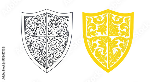 Ornate Shield Emblem Outline and Yellow Silhouette, Heraldic Design