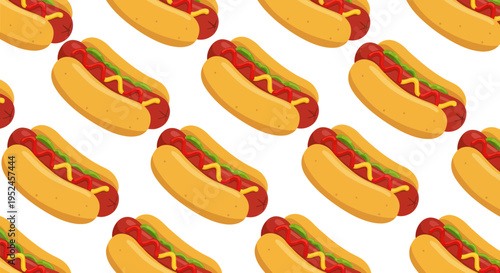 Seamless Pattern of Delicious Hot Dogs with Mustard and Ketchup
