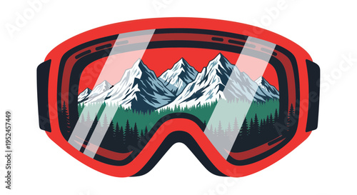 Ski Goggles Reflecting Snowy Mountains and Pine Forest - Winter Sports Adventure
