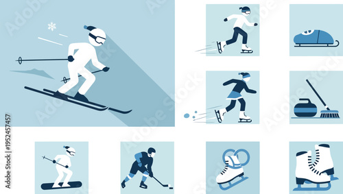 A collection of stylized flat design illustrations featuring various popular winter sports activities and equipment in a blue and white color palette.