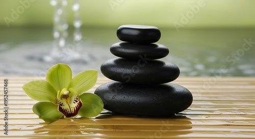 A serene arrangement of stacked black stones and a green orchid on a wet bamboo mat with a blurred water feature in the background for a peaceful ambiance