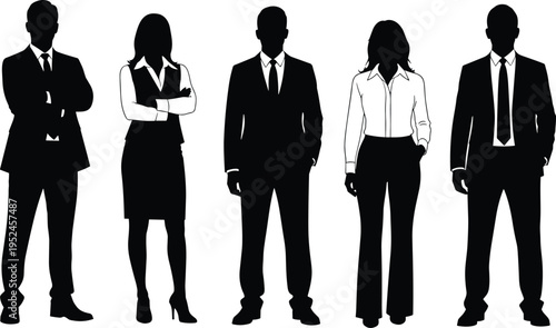 Corporate business people silhouettes in formal suits, confident male and female professionals standing isolated on white background for leadership and team concept