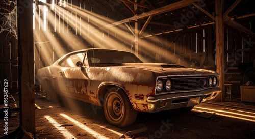 Rusted classic American muscle car discovered in an old dusty wooden barn