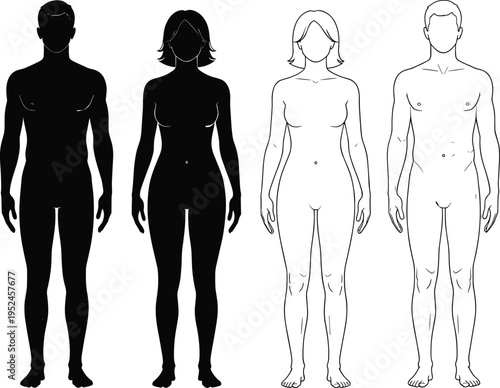 Male and female human body silhouettes and outline figures in front view, anatomy reference templates isolated on white background for medical and design use