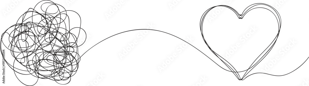 Obraz premium Continuous One Line Drawing From Chaos to Love Heart Concept Emotional Healing Mental Health Vector Illustration