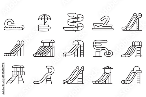 Water park outline icon collection with slides pools and aquatic playground elements for summer recreation design