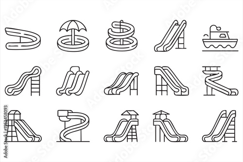 Aquatic playground equipment icon pack featuring slides pools and summer holiday recreation symbols