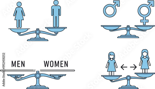 Illustrative vector graphics depicting various scenarios of gender equality and inequality with male and female symbols on balancing scales.