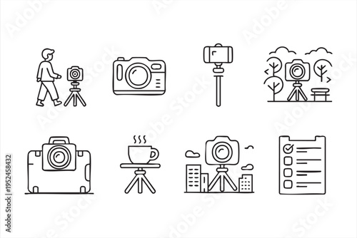 Photography and camera icon set with tripod DSLR and content creation symbols for digital media design