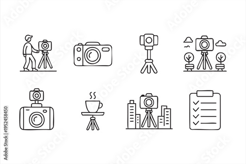 Creative photography icons set featuring DSLR camera tripod and content production elements