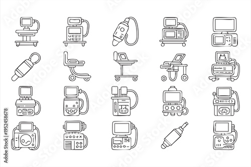Healthcare technology outline icons collection for hospital clinic and emergency medical systems