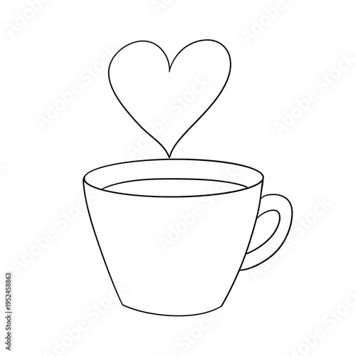 A single white ceramic mug of hot coffee with a red heart foam design sits isolated on a blank surface next to a glass teacup of breakfast tea