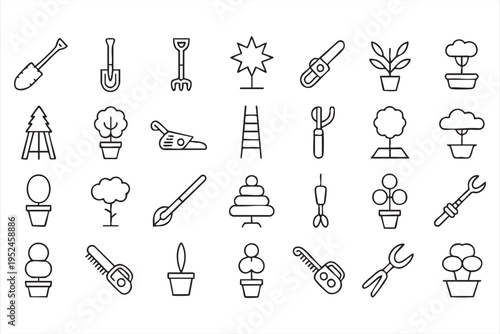 Gardening tools and plant icon set with shovel rake and landscaping elements in outline style