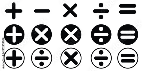 Math symbols icon set, basic mathematical symbols including plus and minus icon set, multiply icon collection, simple education and calculation signs isolated on white background.