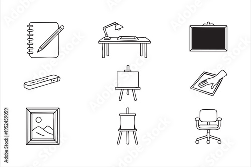 Drawing and painting tools icon pack with sketchbook easel and studio workspace symbols