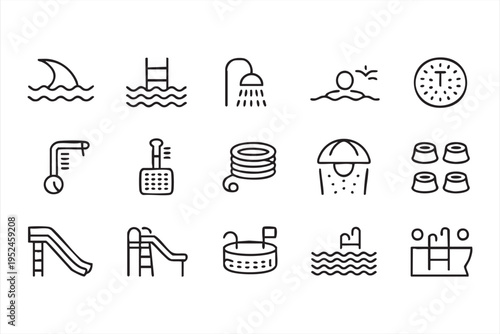 Pool and aquatic activity icons with swimmer diving and leisure elements in outline style