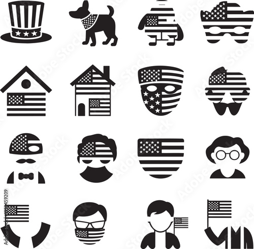 A set of black silhouette icons showcasing American patriotism through various people and objects