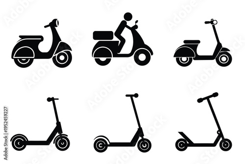 Scooter and electric kick scooter silhouette icon set featuring motor scooter with delivery rider for urban transportation vector illustration or editable stroke