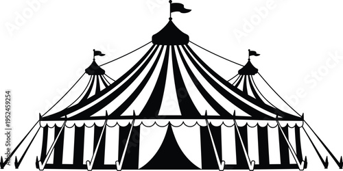 Circus tent silhouette illustration, carnival big top structure, festival entertainment venue, classic striped tent design, isolated black vector artwork
