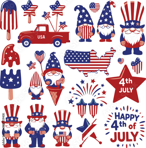 A charming collection of patriotic Gnomes and symbols celebrating the American 4th of July holiday