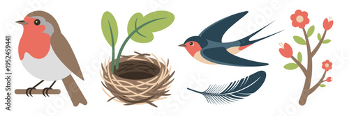 Flat design bird and nest icons - Suitable for outdoor lifestyle brands, birdwatching guides, or spring ads.