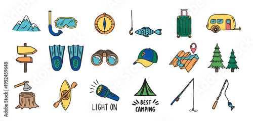 Camping and hiking set fishing rod axe flashlight mountains trees map flippers binoculars suitcase cap, hand drawn doodle