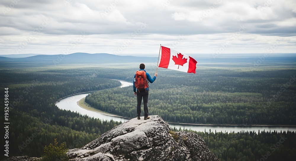 Obraz premium Labor day celebrations in canada a person holding canadian flag on a mountain peak