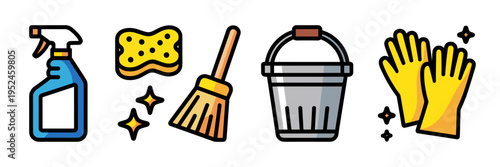 Spray bottle and broom icons - Perfect for cleaning supply ads.