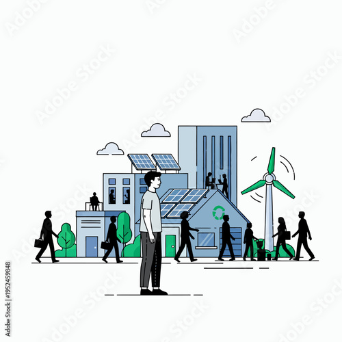 Man standing in front of a sustainable city with solar panels and wind turbine.